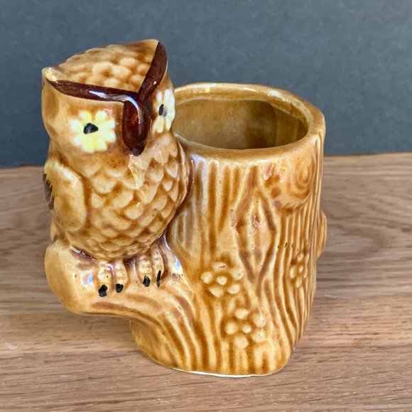 VTG Owl Toothpick Holder 70s Japan Tree Stump Ceramic Flowers Retro Boho Kitchen - Picture 3 of 10